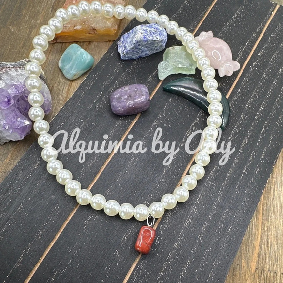 Red Picasso jasper 8mm Short necklace white faux pearls stretchy single string - Picture 2 of 4